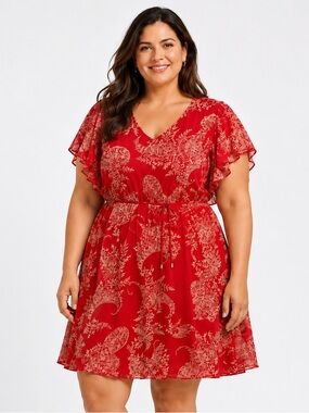 Tommy Hilfiger Paisley Print Dress Flutter Sleeve Fit Flare Red Ivory 22W NWT